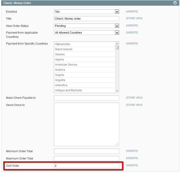 Magento Payment Method Sort Order