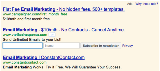 Email Subscription Ads on Google Adwords